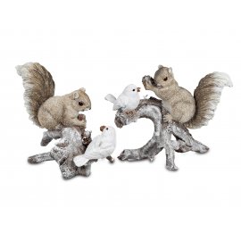 Eichhörnchen mit Vogel auf Ast 25cm Natur-creme