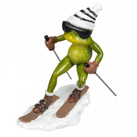 Frosch mit Ski und weißer Mütze