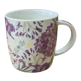 Becher mit lilanen Blumen und Libellen