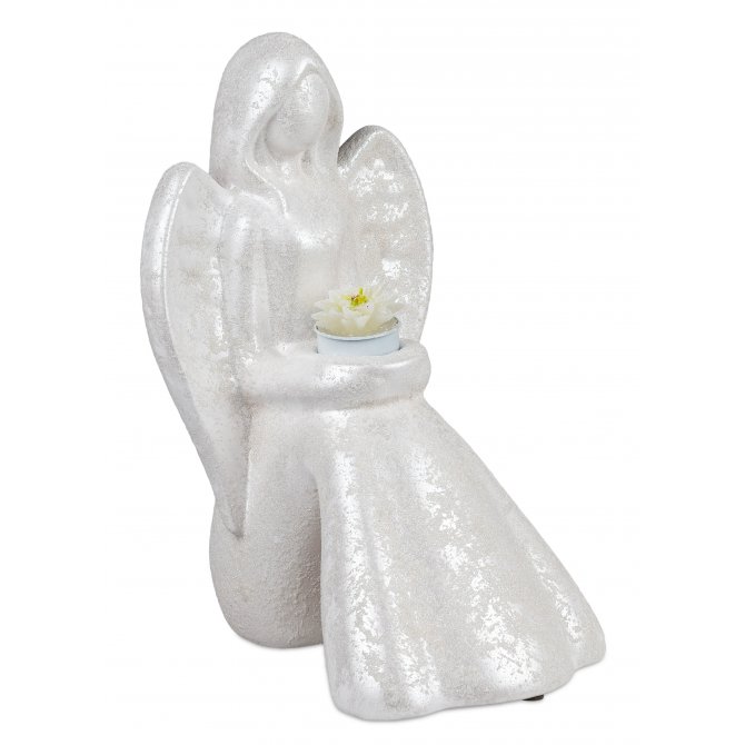 Engel mit Teelicht 30cm Frosty-Weiss