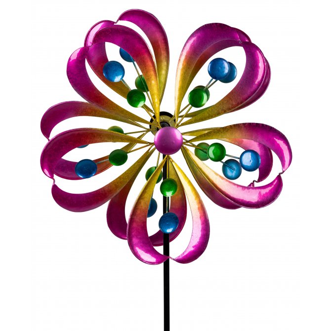 Windrad 40/128cm bunt mit blau/grünen Kugeln Metall