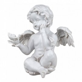 Engel sitzend mit Vogel 16cm Klassik-Weiss