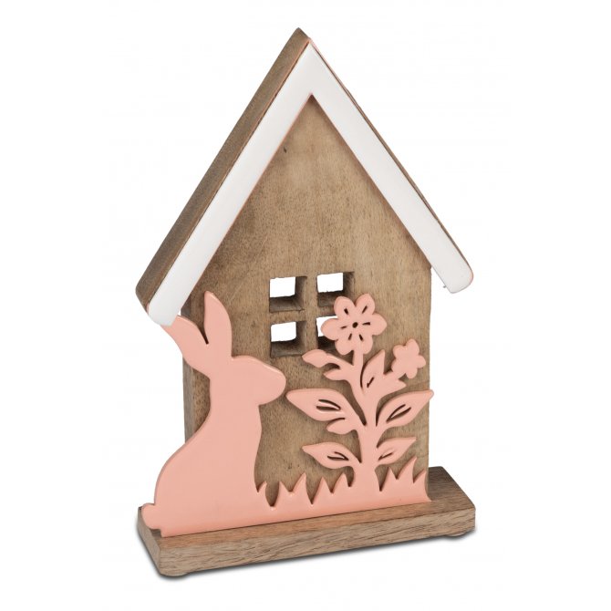 Haus mit Hase 16cm Mangoholz