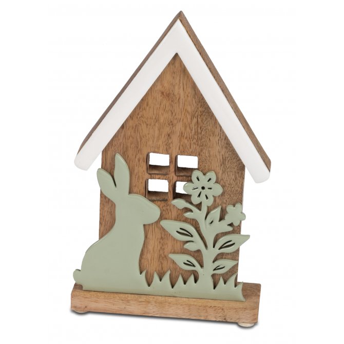 Haus mit Hase 16cm Mangoholz