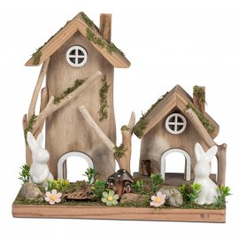 Häuser mit Hasen 22cm Holz mit Keramik