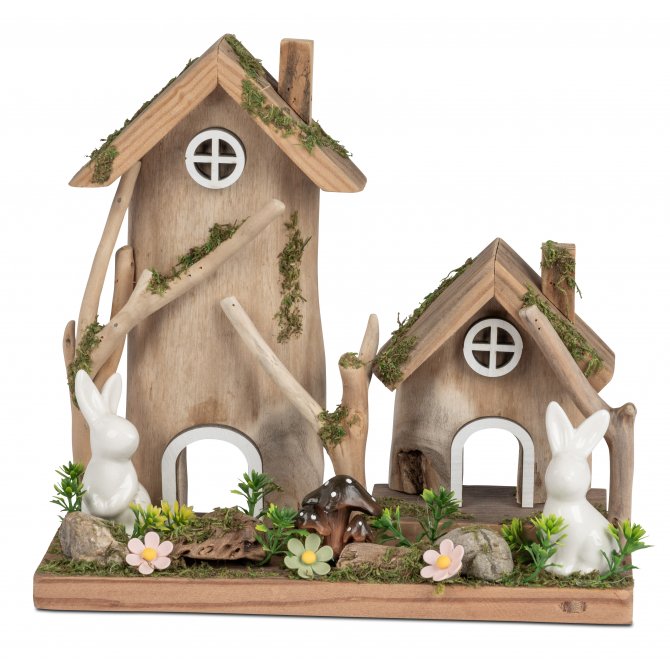Häuser mit Hasen 22cm Holz mit Keramik