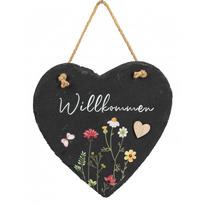 Wandbild Herz 20cm Schiefer - Willkommen