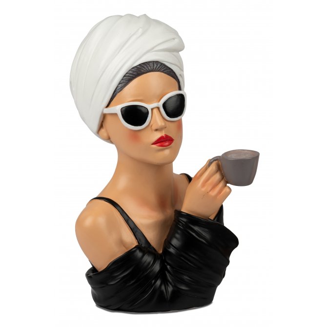 Büste Dame mit Kaffee 28cm Weiss-Schwarz